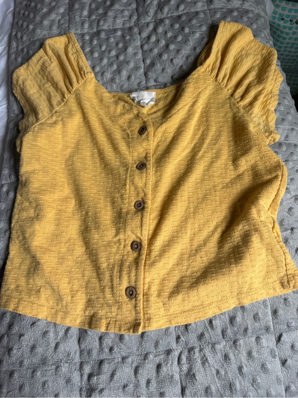 Harper Yellow Button-Front Crop Top with Puff Sleeves